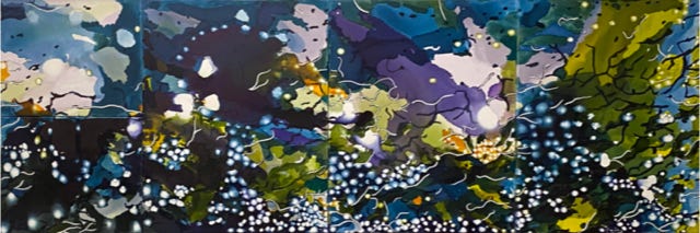 Intertwined , 2021, 5 teilig, 100 x300 cm, Tinte und Blattgold auf Leinwand  
