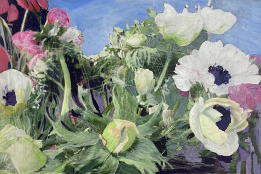 In Bloom, Blumenbild, 2025, Lübeck, 45 x 30 cm, Öl auf Alu-Dibond