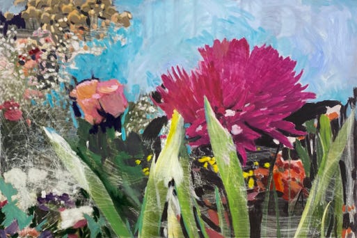 In Bloom, Blumenbild, 2025, Lübeck, 45 x 30 cm, Öl auf Alu-Dibond